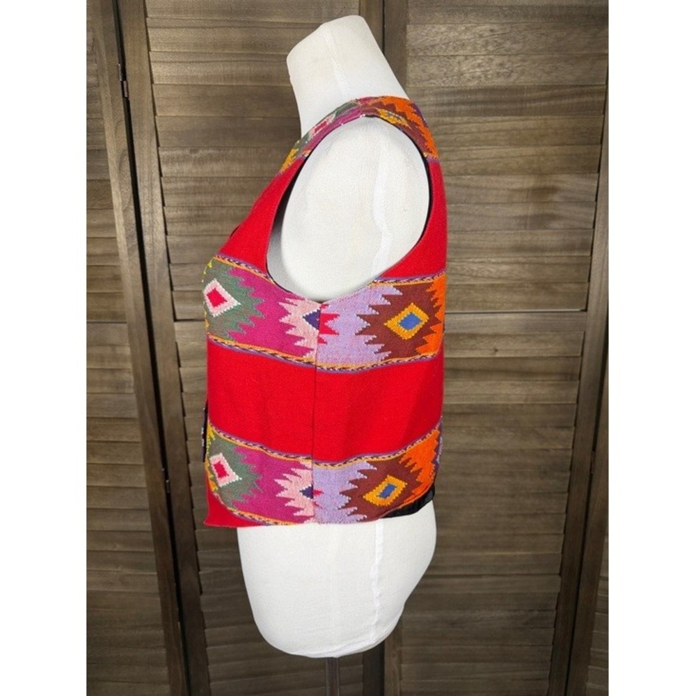 Orvis Women Red Southwestern Geometric Cotton Button Front Vest Size S Guatemala - Picture 5 of 10